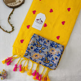 Premium Yellow Heart Work Handloom Cotton Saree with Flower Designer printed Blouse
