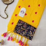 Yellow embroidery Handloom Cotton Saree with Designer printed Blouse