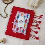 Elegant Red Heart Handloom Cotton Saree With Elephant Printed Blouse