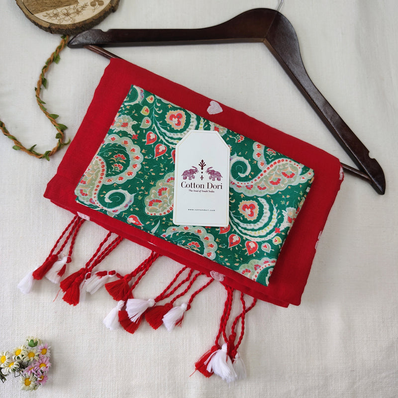 Red Embroidery Work Handloom Cotton Saree - Handloom Cotton Saree with Designer printed Blouse