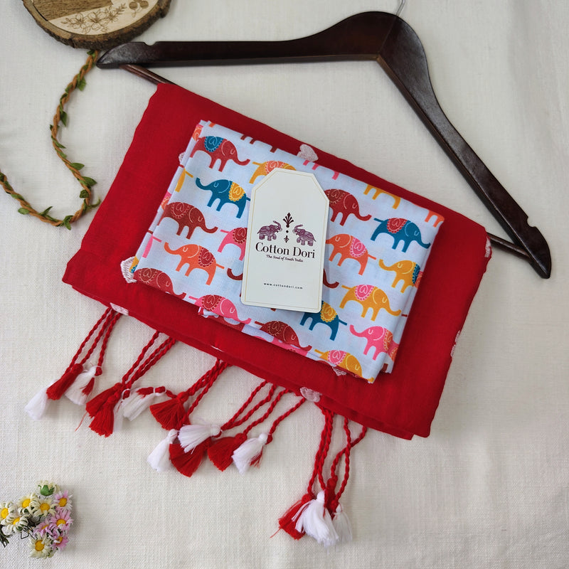 Elegant Red Heart Handloom Cotton Saree With Elephant Printed Blouse