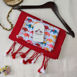 Elegant Red Heart Handloom Cotton Saree With Elephant Printed Blouse