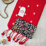 Red Embroidery Work Handloom Cotton Saree with Flower Designer printed Blouse