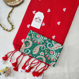 Red Embroidery Work Handloom Cotton Saree - Handloom Cotton Saree with Designer printed Blouse