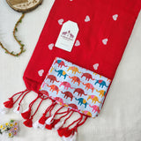 Elegant Red Heart Handloom Cotton Saree With Elephant Printed Blouse