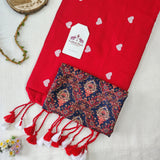 Premium Red embroidery work Handloom Cotton Saree with Printedv Blouse