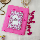 Baby Pink Heart Work Handloom Cotton Saree with Elephant Pattern Blouse