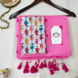 Soft Baby Pink embroidery work Handloom Cotton Saree with Elephant printed Blouse