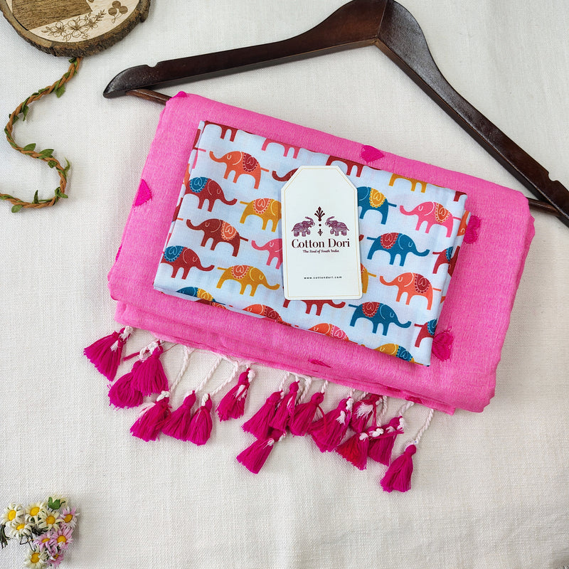 Soft Baby Pink embroidery work Handloom Cotton Saree with Elephant printed Blouse