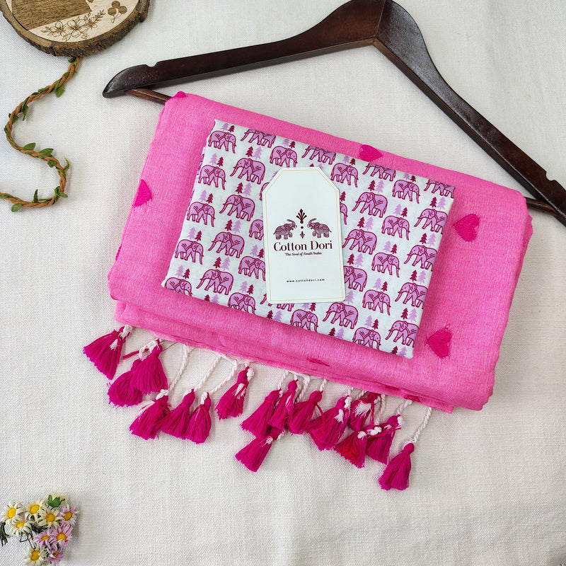Baby Pink Heart Work Handloom Cotton Saree with Elephant Pattern Blouse