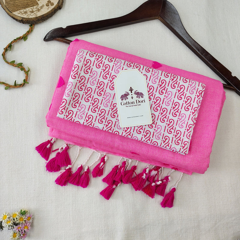 Baby Pink Heart Work Handloom Cotton Saree with Designer printed Blouse