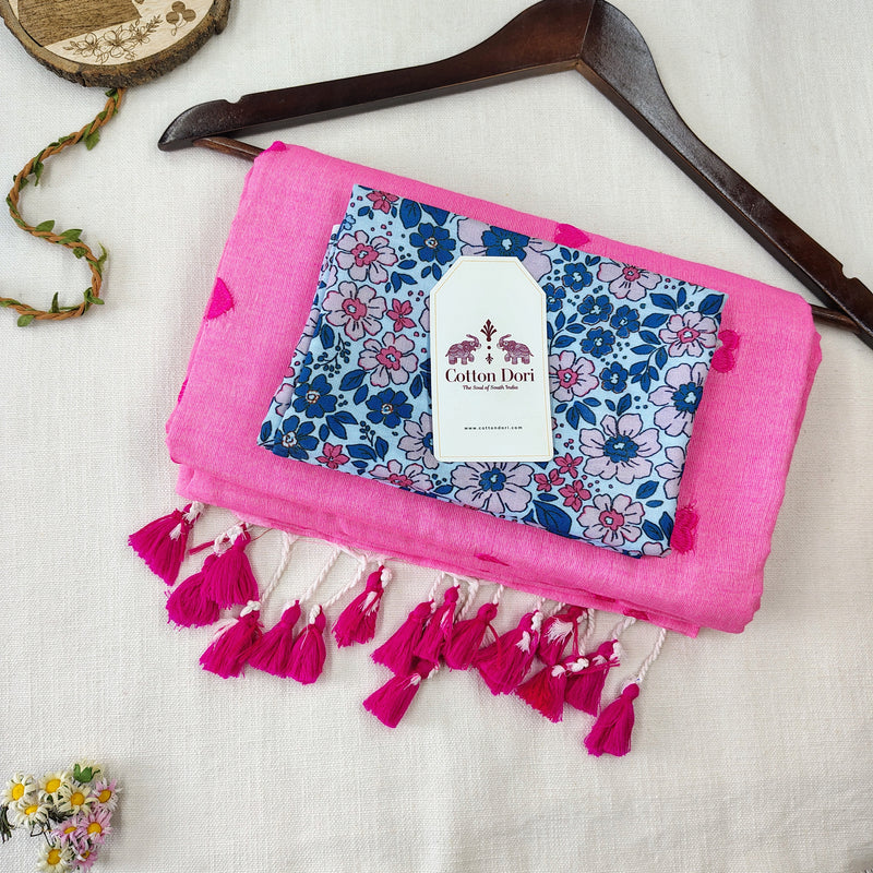 Classic Baby Pink Heart Work Handloom Cotton Saree with Fower Printed Blouse