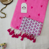 Baby Pink Heart Work Handloom Cotton Saree with Elephant Pattern Blouse