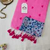 Classic Baby Pink Heart Work Handloom Cotton Saree with Fower Printed Blouse