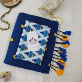 Classic Rama Bloue Handloom Cotton Saree With Louts Printed Blouse