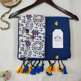 Graceful Rama Blue Heart Work Handloom Cotton Saree with Designer printed Blouse