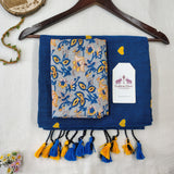 Elegant Rama Blue Heart Work Handloom Cotton Saree With Flower Printed Blouse