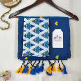Classic Rama Bloue Handloom Cotton Saree With Louts Printed Blouse