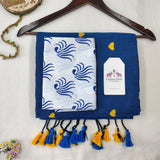Graceful Heart Work Handloom Cotton Saree - Rama Blue Handloom Cotton Saree with Designer printed Blouse