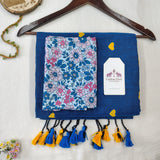 Premium Handloom Cotton Saree - Rama Blue Heart Work  Handloom Cotton Saree with Flower Print Blouse