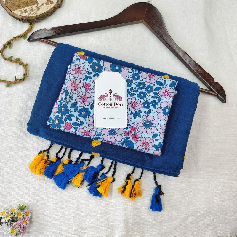 Premium Handloom Cotton Saree - Rama Blue Heart Work  Handloom Cotton Saree with Flower Print Blouse