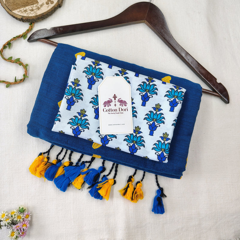 Classic Rama Bloue Handloom Cotton Saree With Louts Printed Blouse