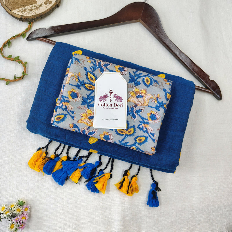 Elegant Rama Blue Heart Work Handloom Cotton Saree With Flower Printed Blouse