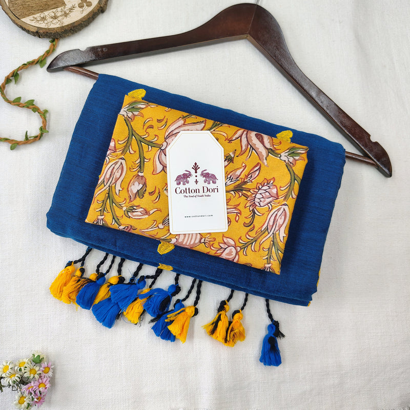 Graceful Rama Blue Heart Work Handloom Cotton Saree with Designer printed Blouse