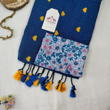 Premium Handloom Cotton Saree - Rama Blue Heart Work  Handloom Cotton Saree with Flower Print Blouse