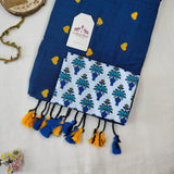 Classic Rama Bloue Handloom Cotton Saree With Louts Printed Blouse