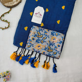 Elegant Rama Blue Heart Work Handloom Cotton Saree With Flower Printed Blouse
