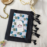 Soft Black Handloom Cotton Saree - Handloom Cotton Saree With Flower Printed Blouse