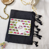 Traditionl Handloom Cotton Saree - Black Handloom Cotton Saree With Elephant Designer Printed Blouse