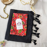 Premium  Black Handloom Cotton Saree with Designer Flower Print Blouse
