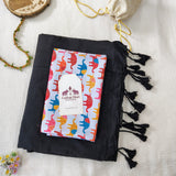 Classic Black  Handloom Cotton Saree With Elephant Designer Printed Blouse