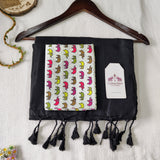 Traditionl Handloom Cotton Saree - Black Handloom Cotton Saree With Elephant Designer Printed Blouse