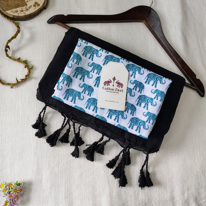 Royal Handloom Cotton – Black Handloom Cotton with Elephant Printed Blouse