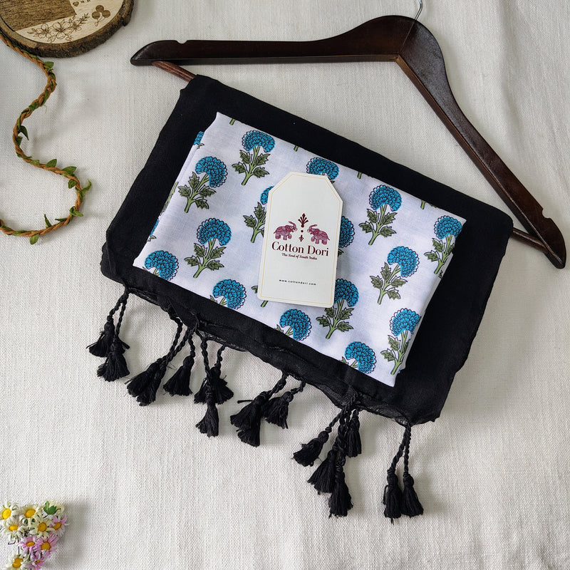 Soft Black Handloom Cotton Saree - Handloom Cotton Saree With Flower Printed Blouse