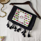 Traditionl Handloom Cotton Saree - Black Handloom Cotton Saree With Elephant Designer Printed Blouse