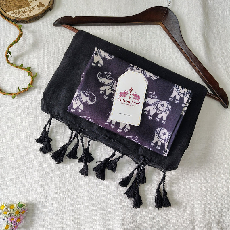 Elegant Black Handloom Cotton Saree with Elephant Designer Printed Blouse