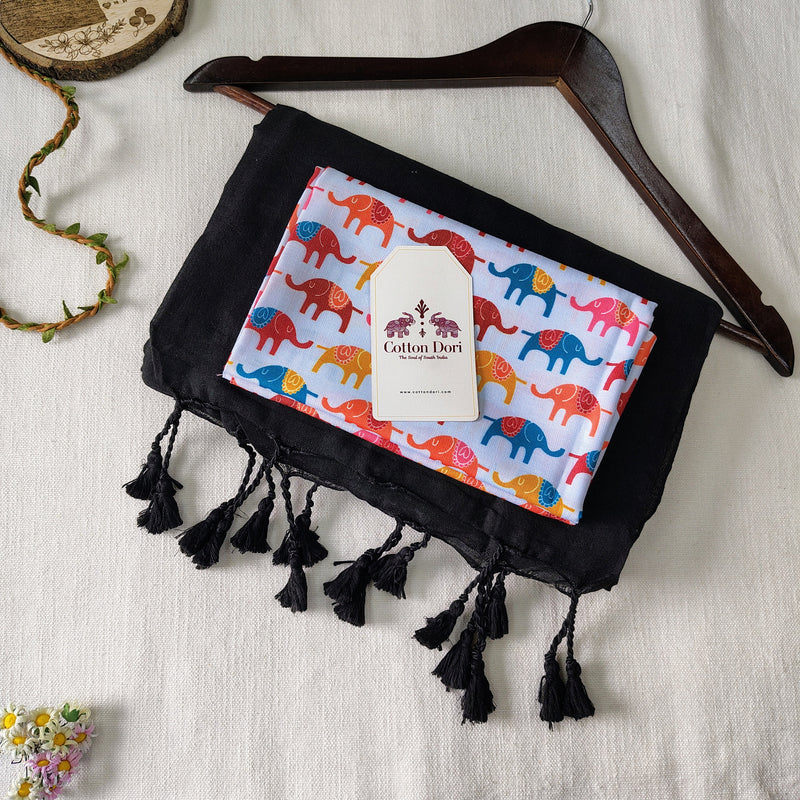 Classic Black  Handloom Cotton Saree With Elephant Designer Printed Blouse