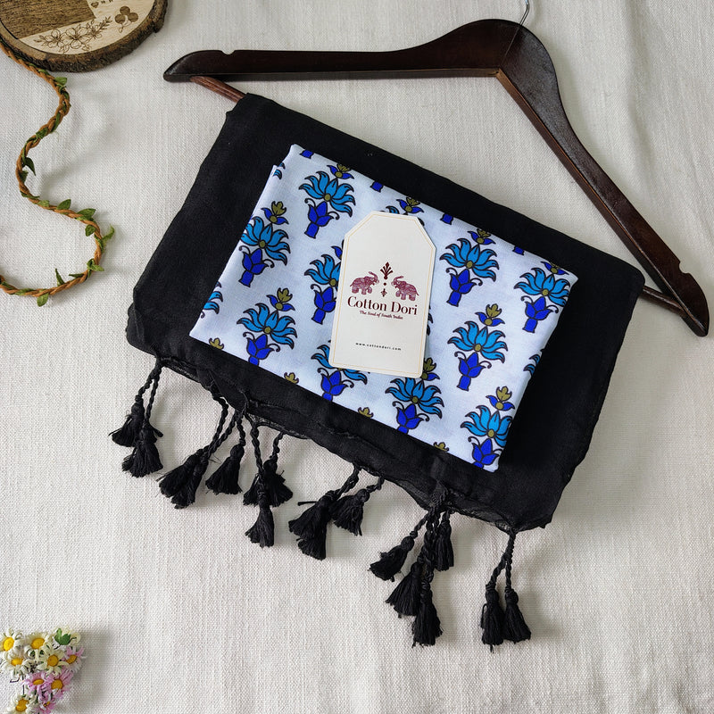Elegant Handloom Cotton Saree - Black Handloom Cotton Saree With Designer Printed Blouse
