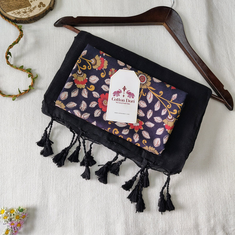 Traditional Black Handloom Saree with Flower Printed Blouse