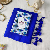 Premium Blue Handloom Cotton Saree - Handloom Cotton Saree With Lotus Printed Blouse