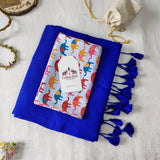 Classic Navy Blue Handloom Cotton Saree - Handloom Cotton Saree with Elephant Printed Blouse