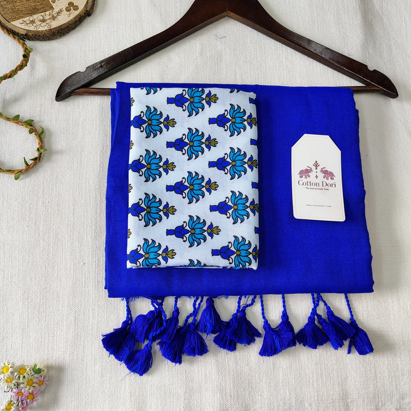 Premium Blue Handloom Cotton Saree - Handloom Cotton Saree With Lotus Printed Blouse