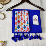 Classic Navy Blue Handloom Cotton Saree - Handloom Cotton Saree with Elephant Printed Blouse