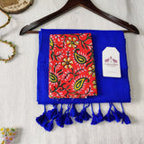 Traditional Royal Blue Handloom Cotton Saree with Flower Printed Blouse