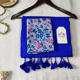 Classic Handloom Cotton Saree - Royal Blue Handloom Cotton Saree With Flower Printed Blouse