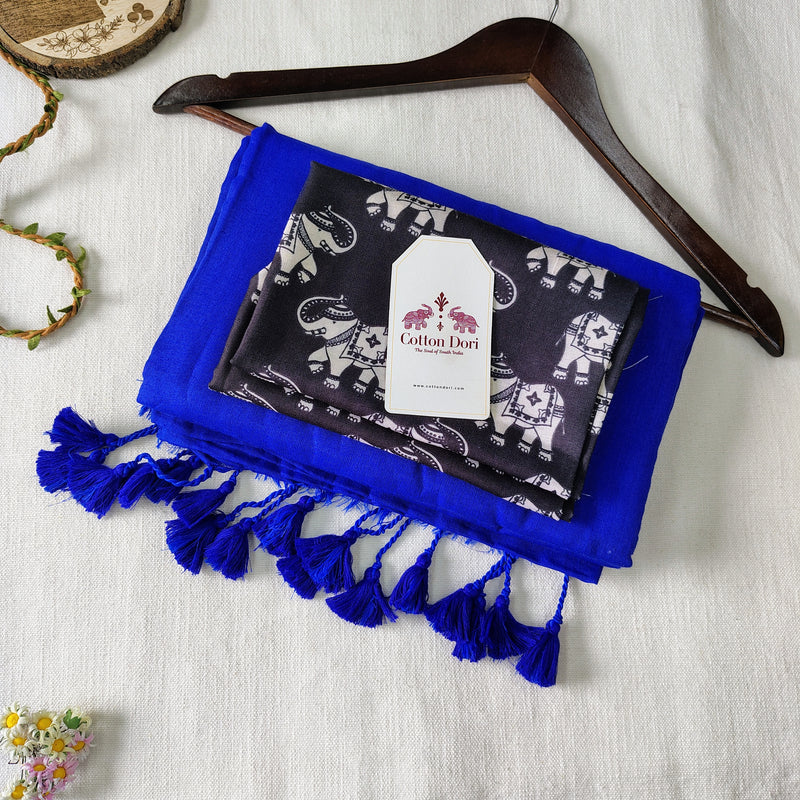 Premium Handloom Cotton Saree - Dark Bloue Handloom Cotton Saree With Elephant Printed Blouse